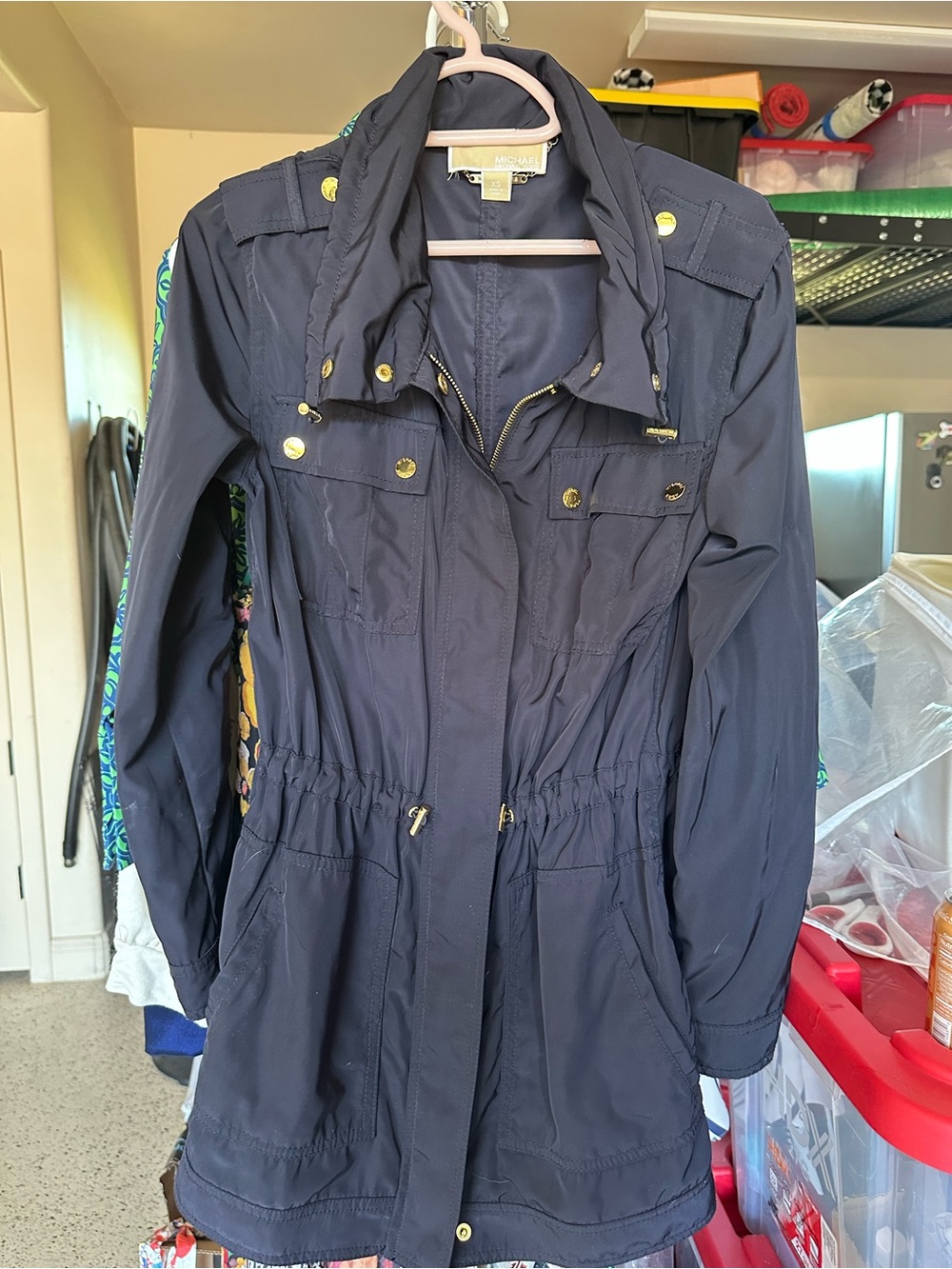 Michael Kors Navy Drawstring Utility Jacket with Gold Hardware
